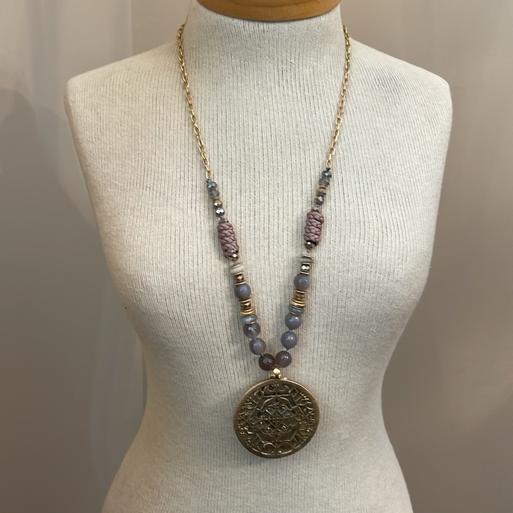 Matte Gold-tone Chain Grey Beads and Large Medallion - Picture 8 of 16